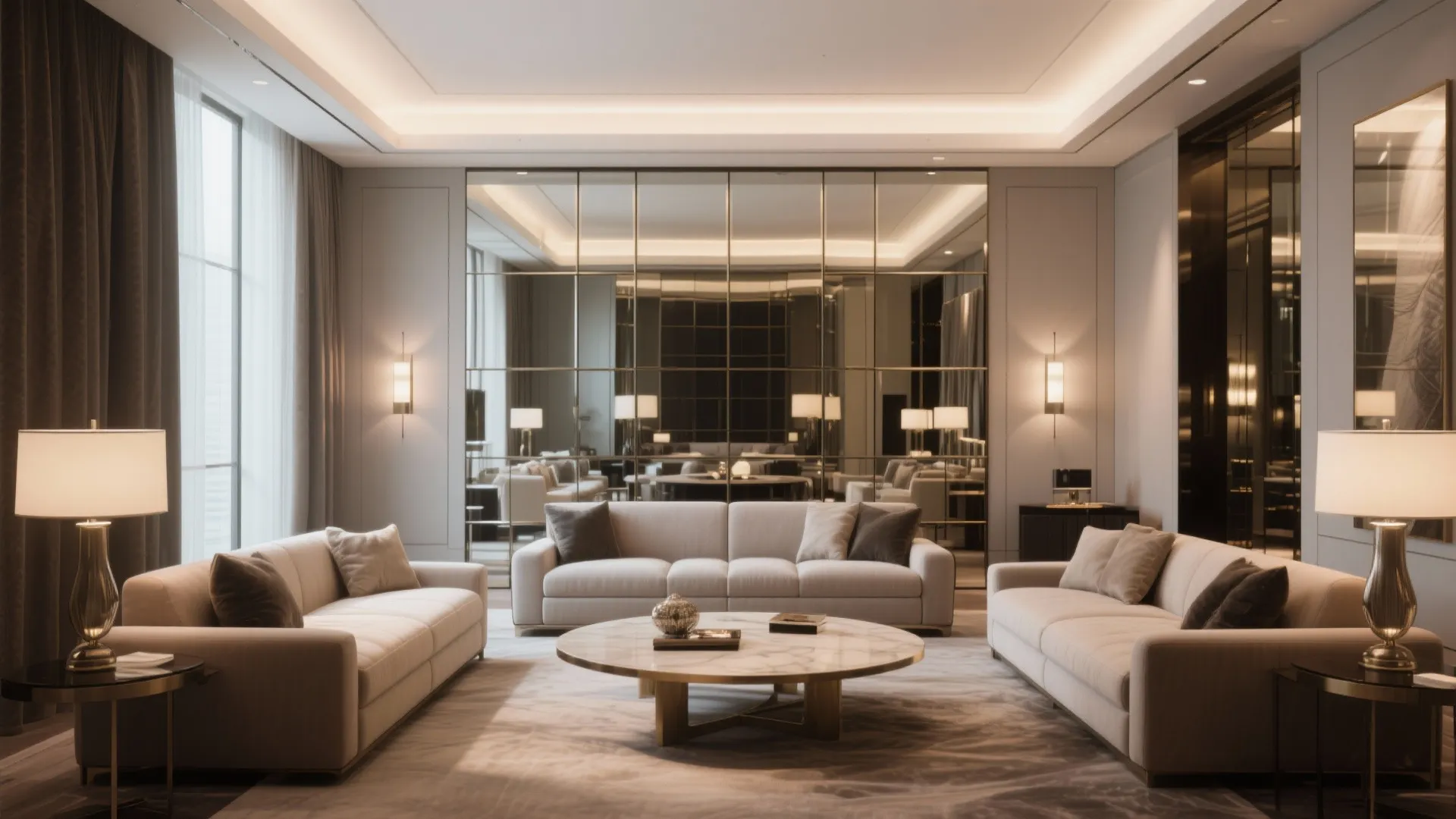 Luxury living room with floor-to-ceiling mirror panels