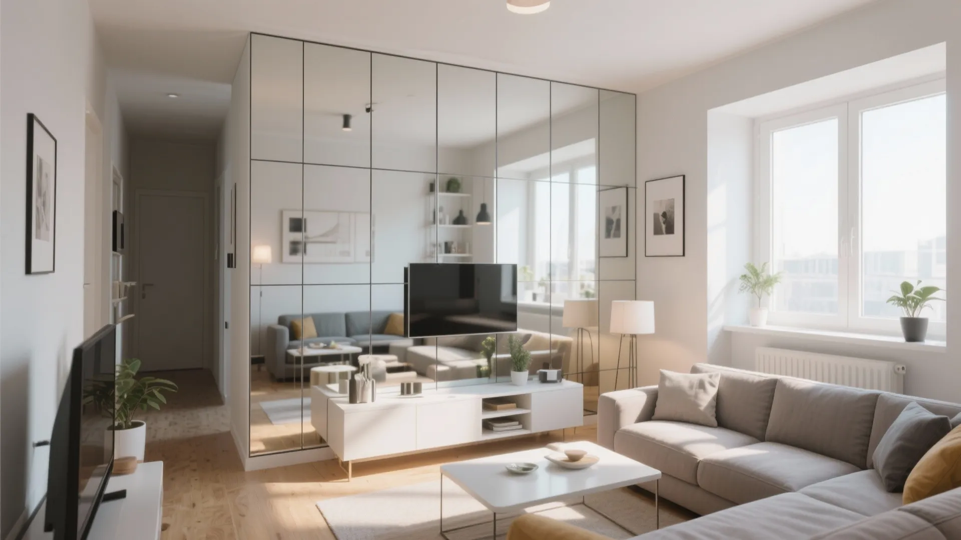 Living room with mirrored accent wall creating space illusion