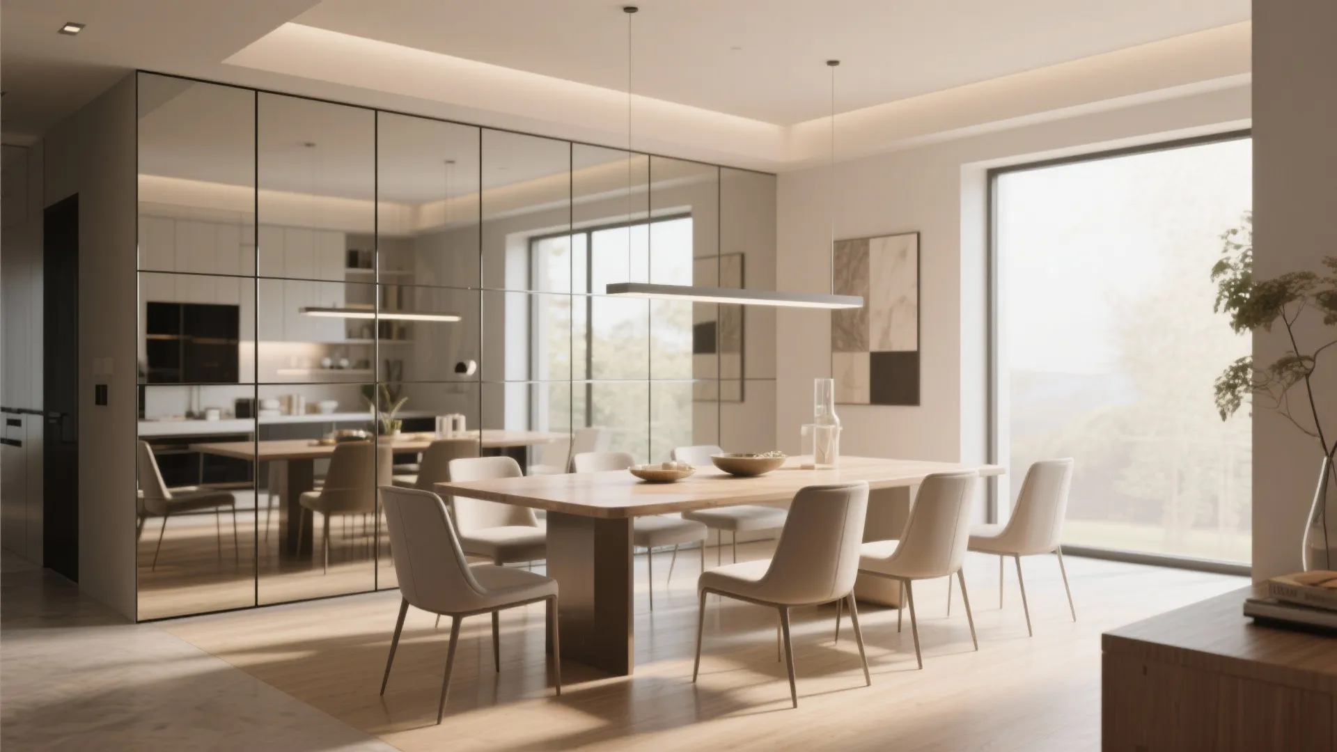 Modern dining room featuring a large grid mirror wall behind a wooden table with chairs