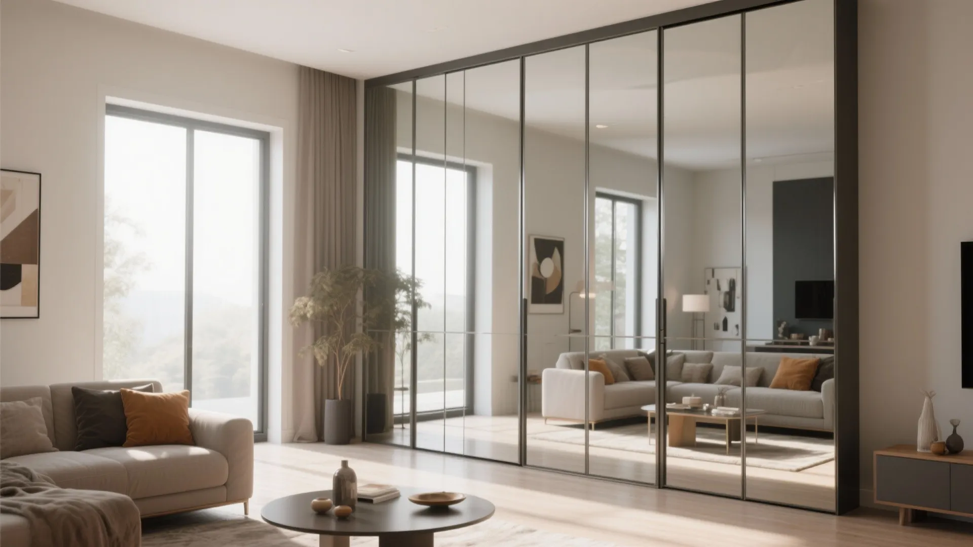 Large floor to ceiling mirror cabinet reflecting a modern living room with sofa and windows