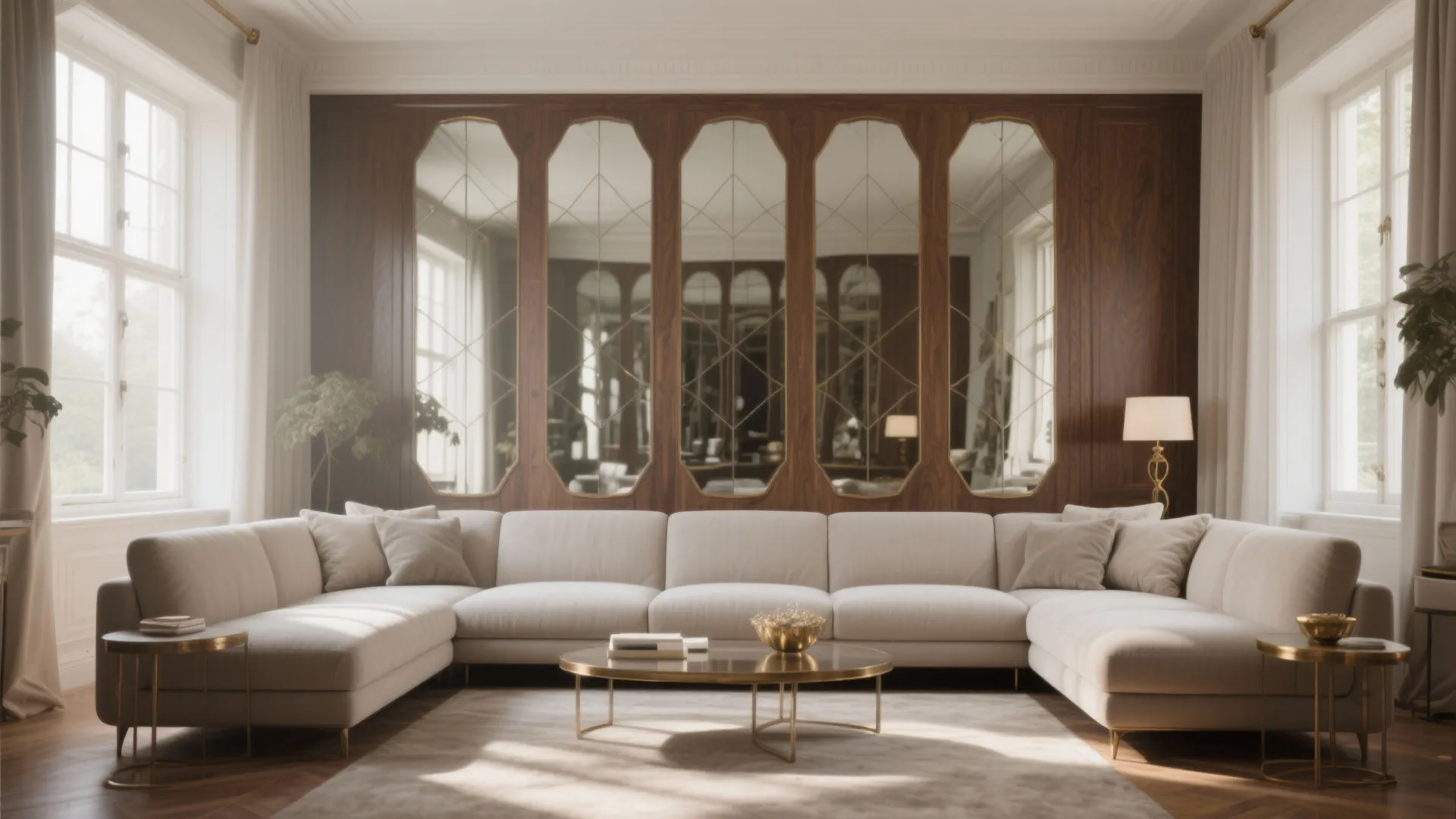 Elegant living room with white sofa and large wall mirrors set into dark wood paneling