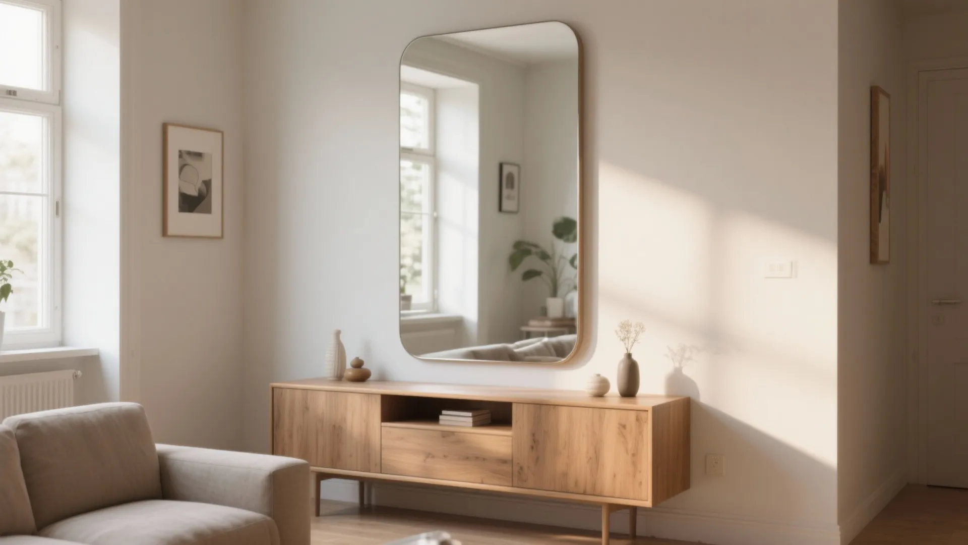 Wooden cabinet with large mirror and decorative vases in bright living room with grey sofa now