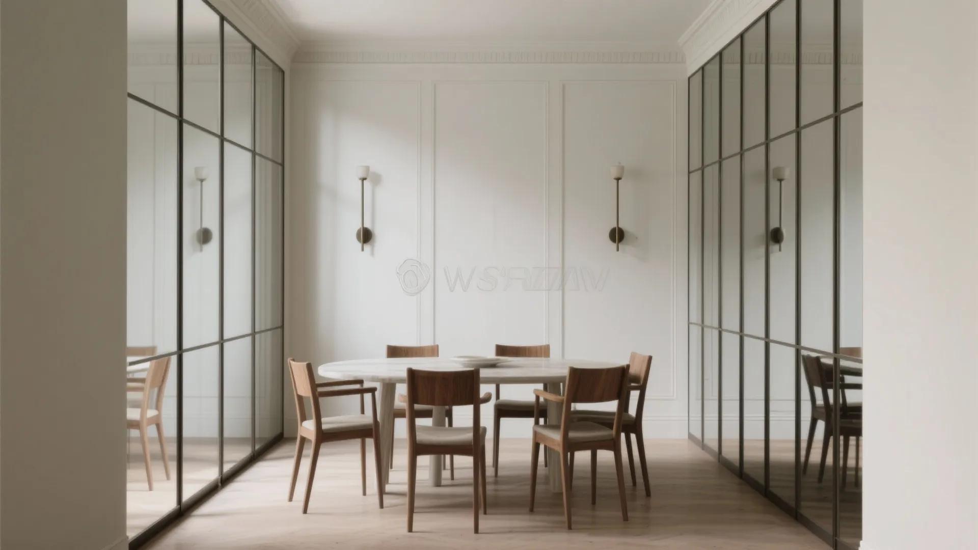 Modern dining room with round marble table wooden chairs white wall panels and glass walls