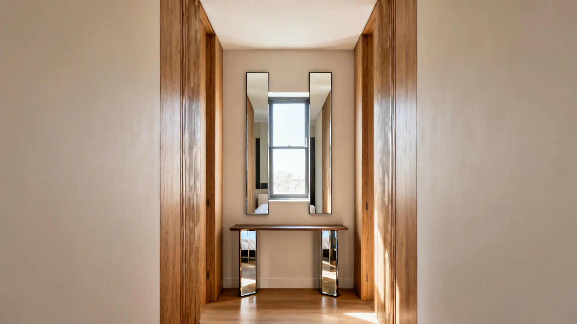 Vertical mirror panels opposite a window amplify light and height in a small bedroom.