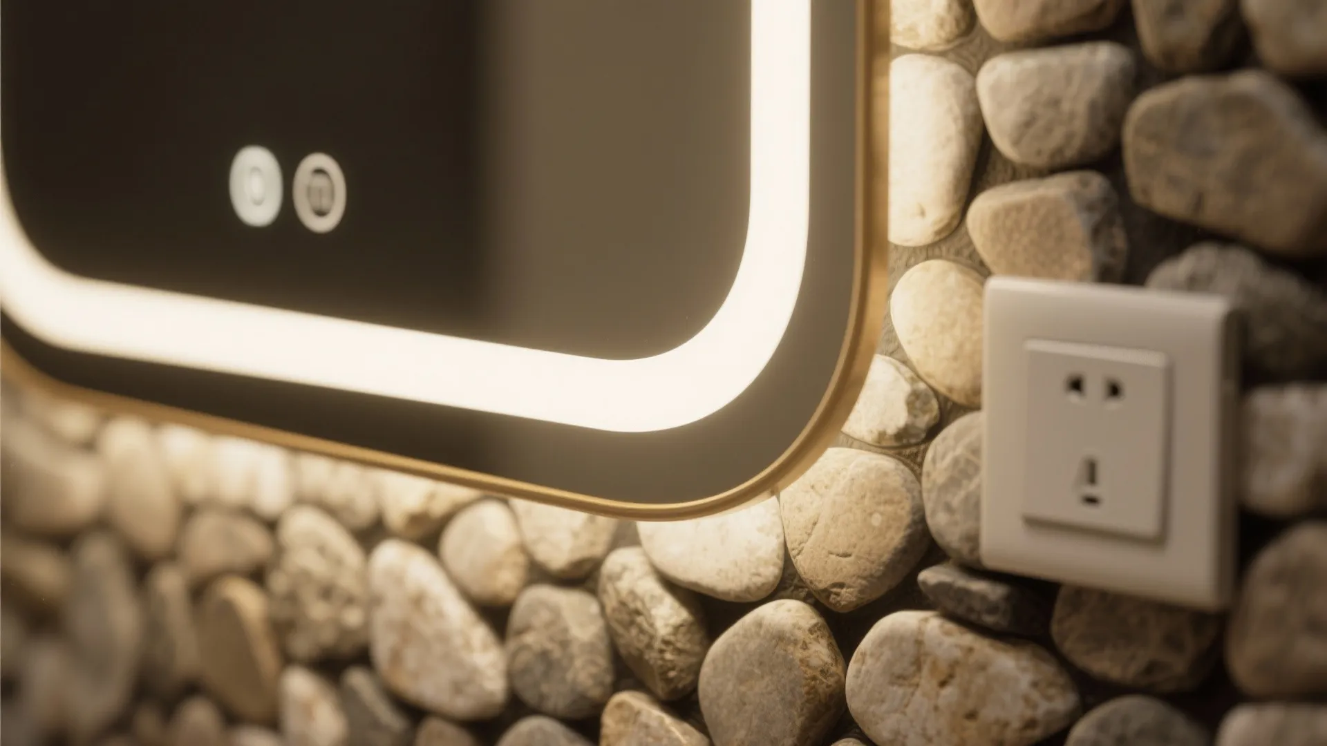 Close up of glowing lighted mirror on stone wall next to white electrical power outlet