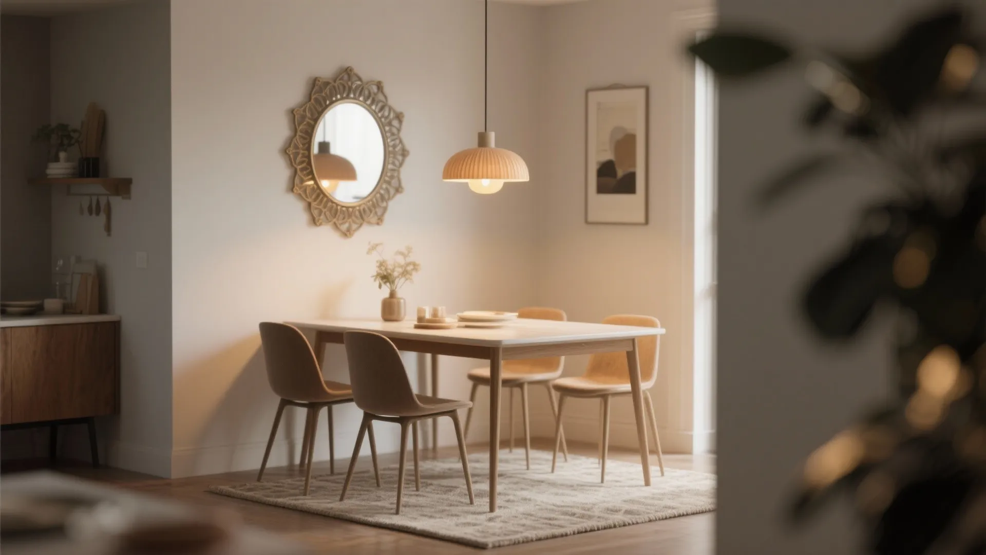 Modern dining room with white table four chairs hanging ceiling light decorative mirror and rug