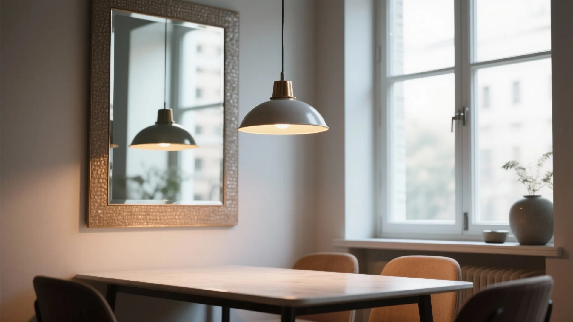 Close-up of a pendant light and wall mirror reflecting a window to enlarge a compact dining area.