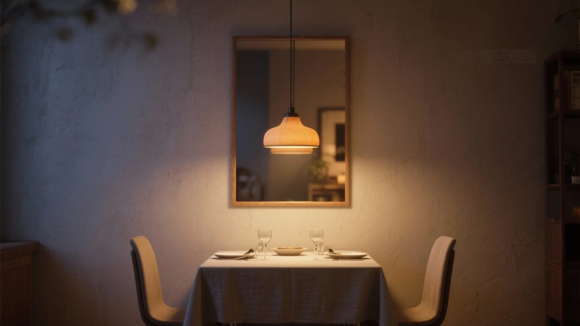 Dining table for two with warm ceiling light reflecting in a wall mirror for cozy mood