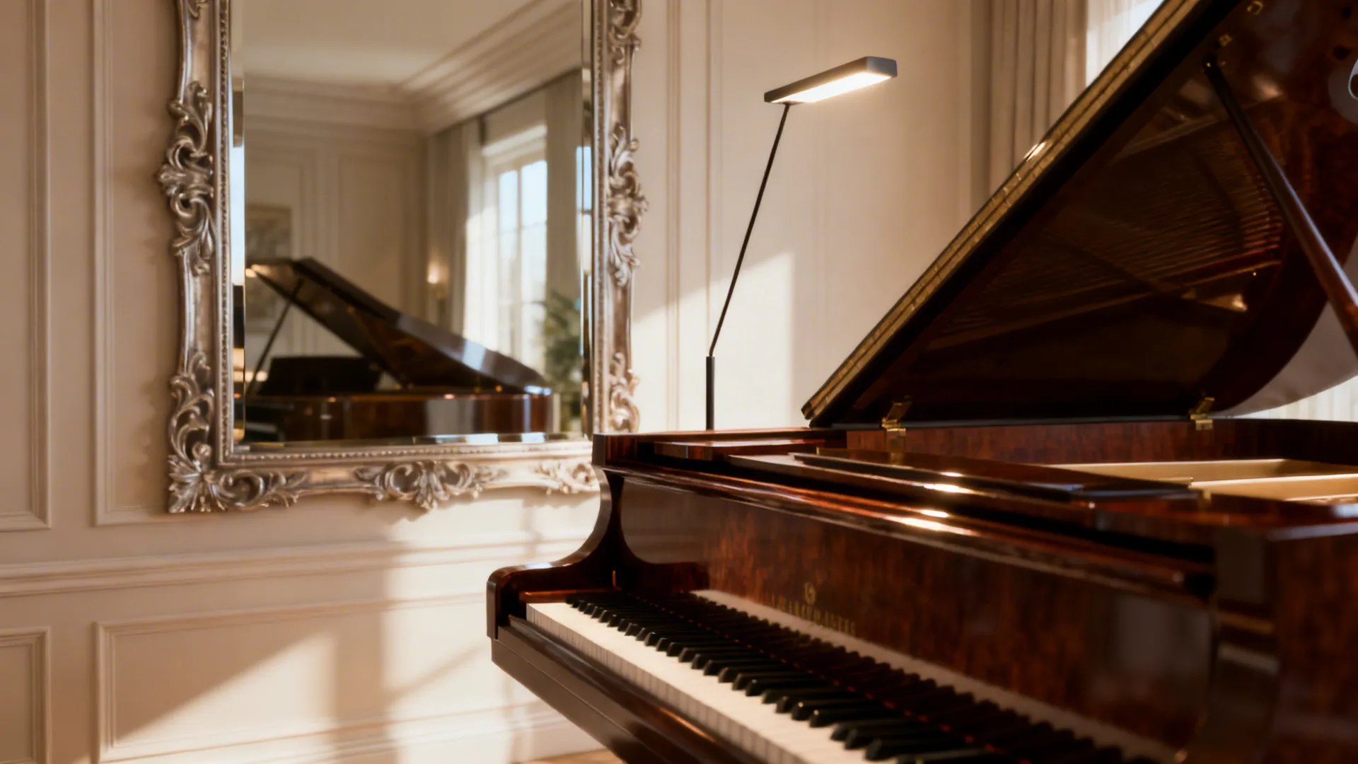Mirror reflecting a baby grand piano and a floor lamp creating visual breathing room