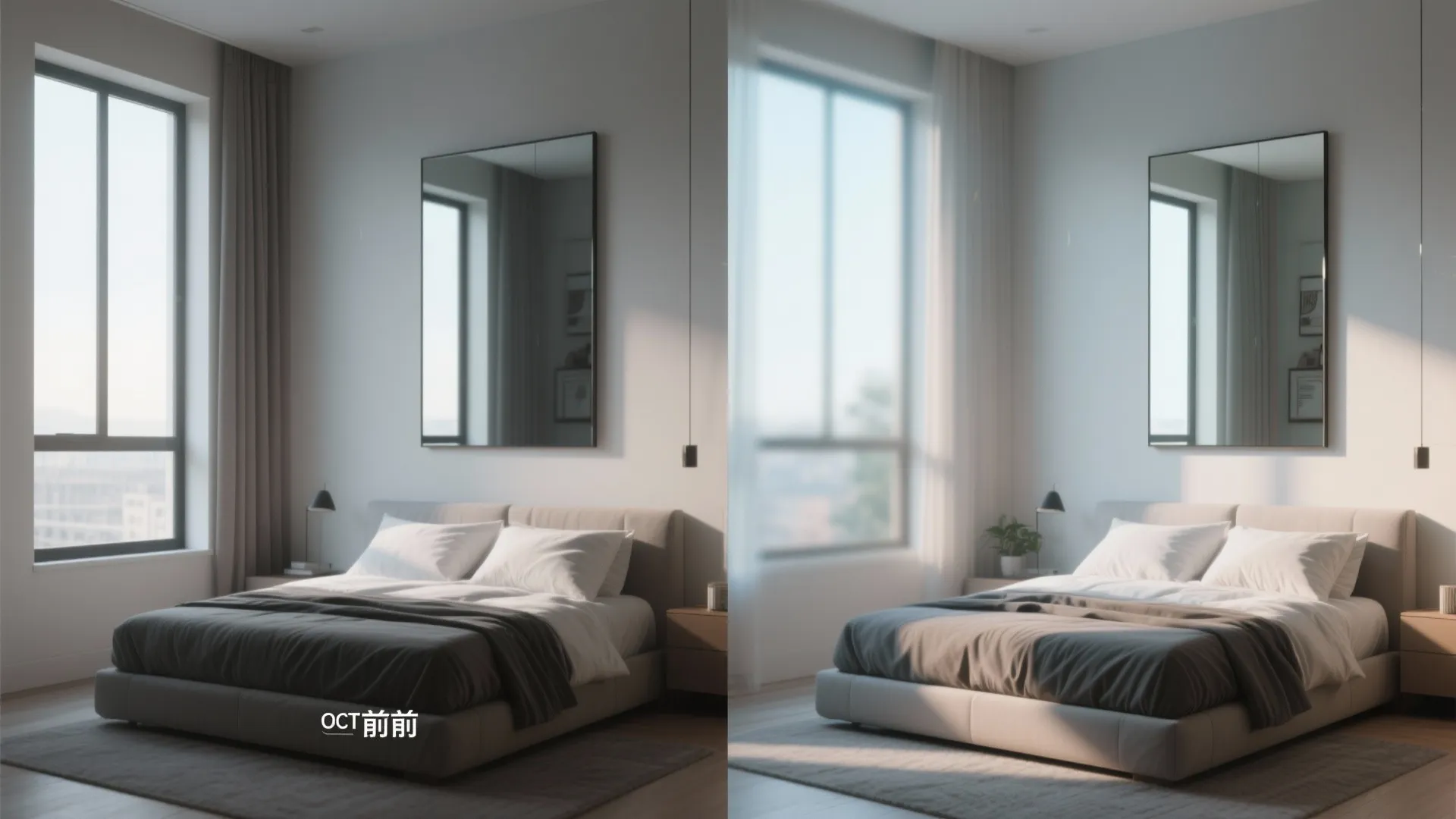 Side by side bedroom comparison showing different mirror placements and natural light from large windows