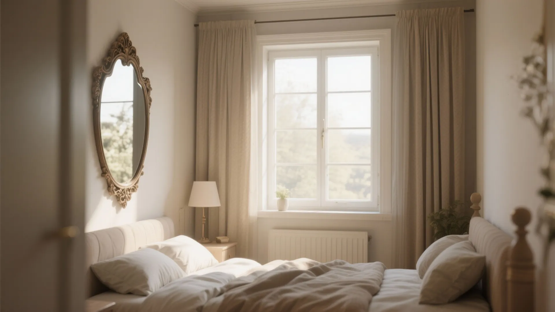 Sunlit bedroom featuring an oval mirror on the wall next to a window with curtains