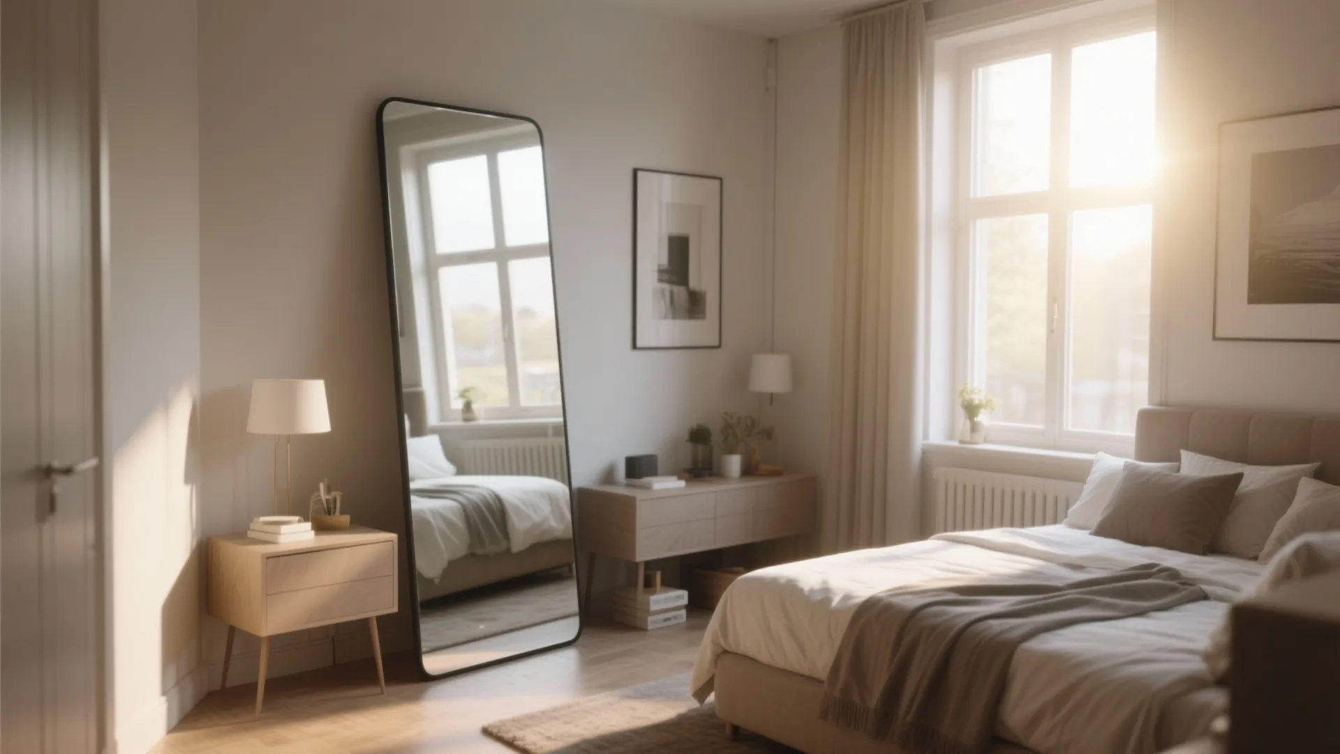 Floor mirror reflecting light in a small bedroom