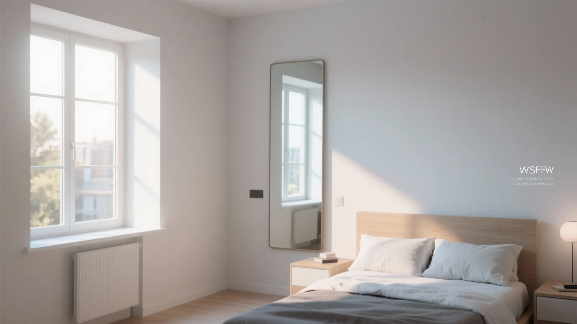 Large mirror reflects light in small bedroom