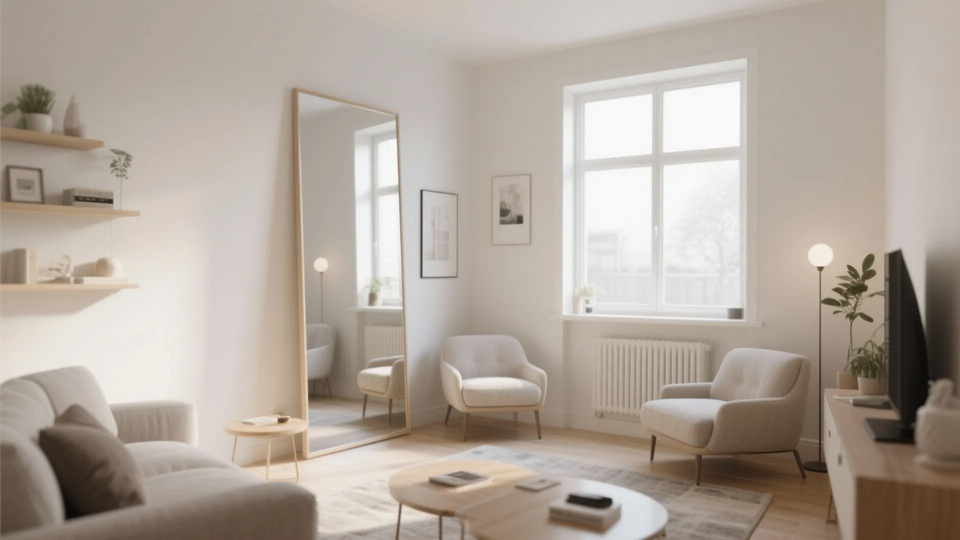 Bright living room with large floor mirror, two cream armchairs, wooden floor, and natural light