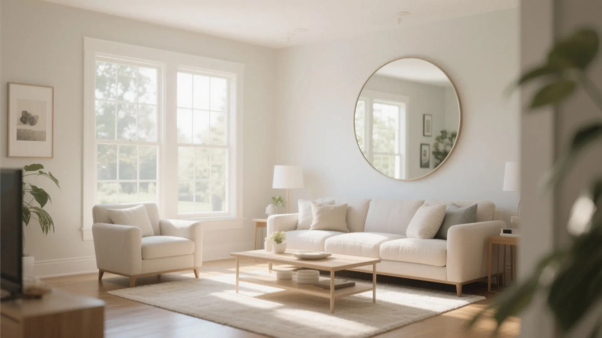 Bright living room featuring a large round wall mirror above a white sofa and armchair