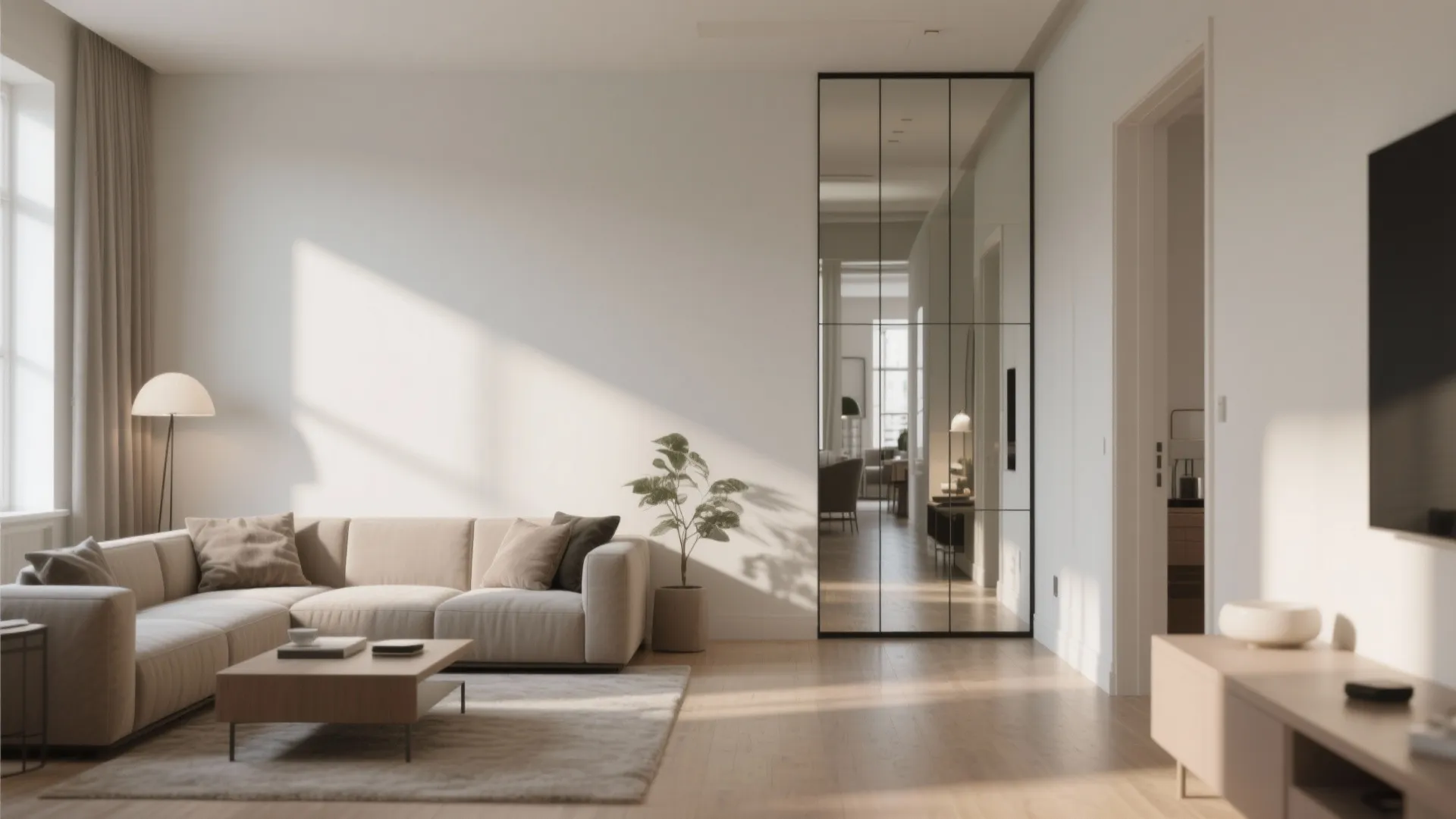 Spacious living room featuring floor length mirror beige sofa wooden floor and clean white walls