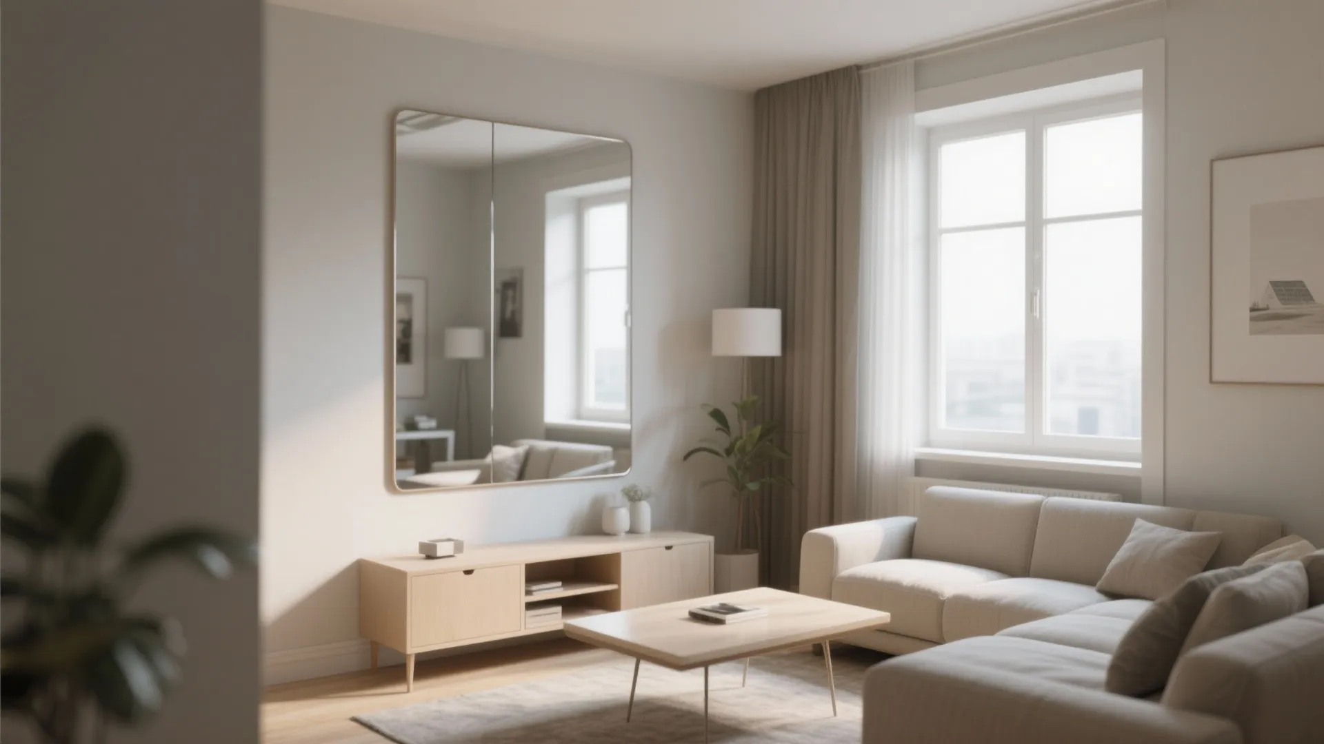 Modern living room featuring a large wall mirror above a wooden cabinet with beige sofa