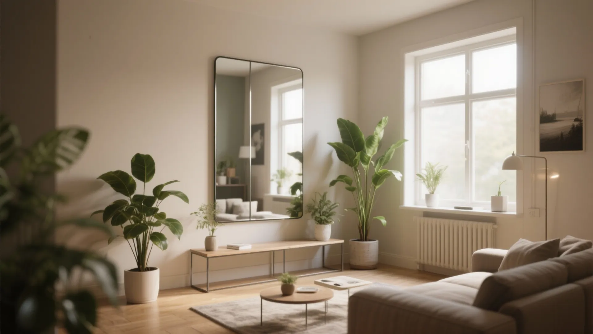Modern living room with tall mirror on wooden cabinet beside green plants and large windows