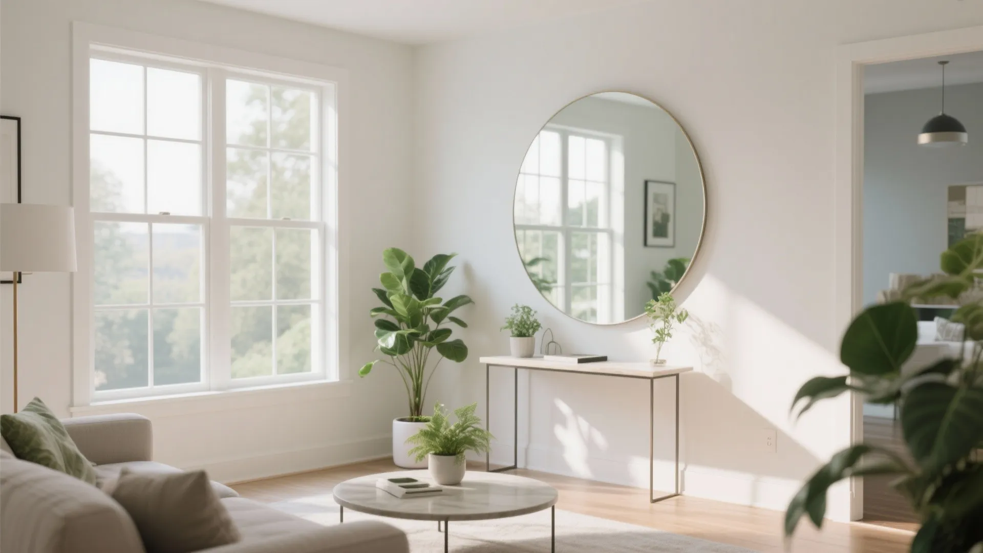 Bright living room with round wall mirror wooden table green plants sofa and natural light
