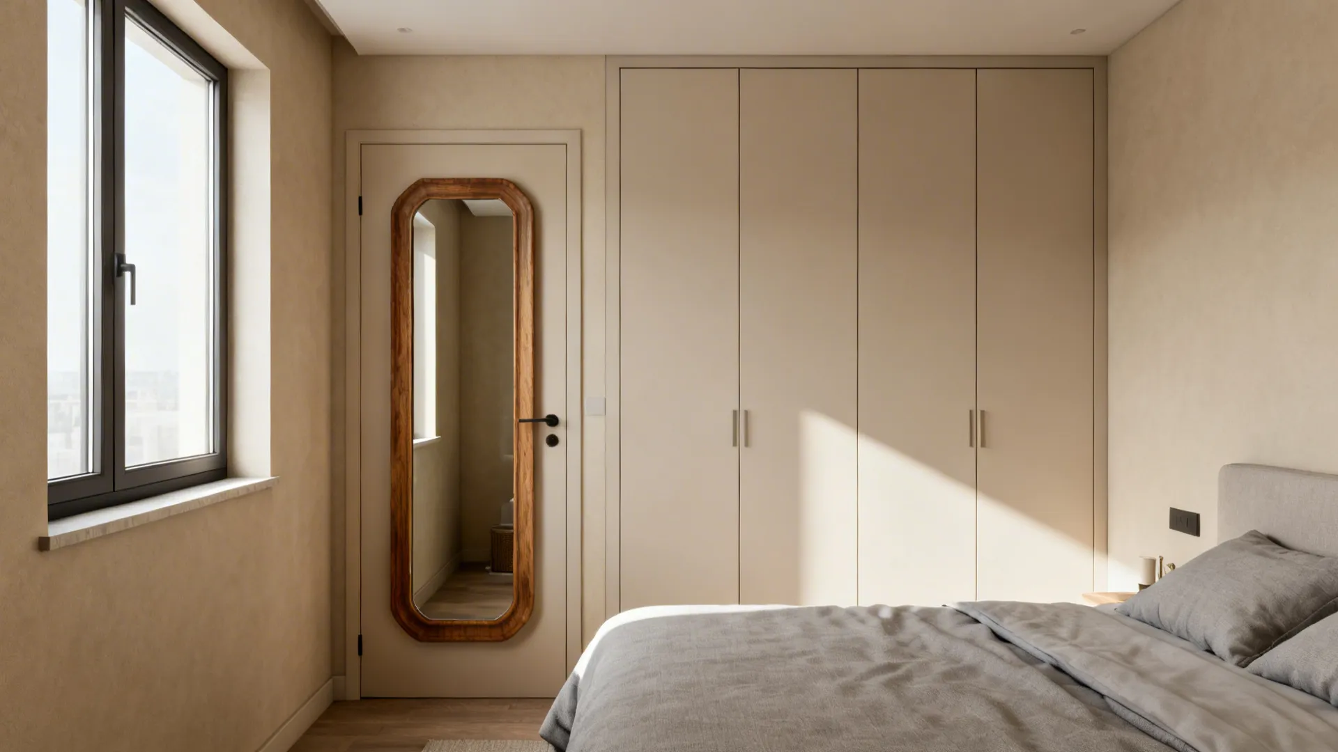 Slim mirror mounted on a closet door opposite a window to expand perceived space.