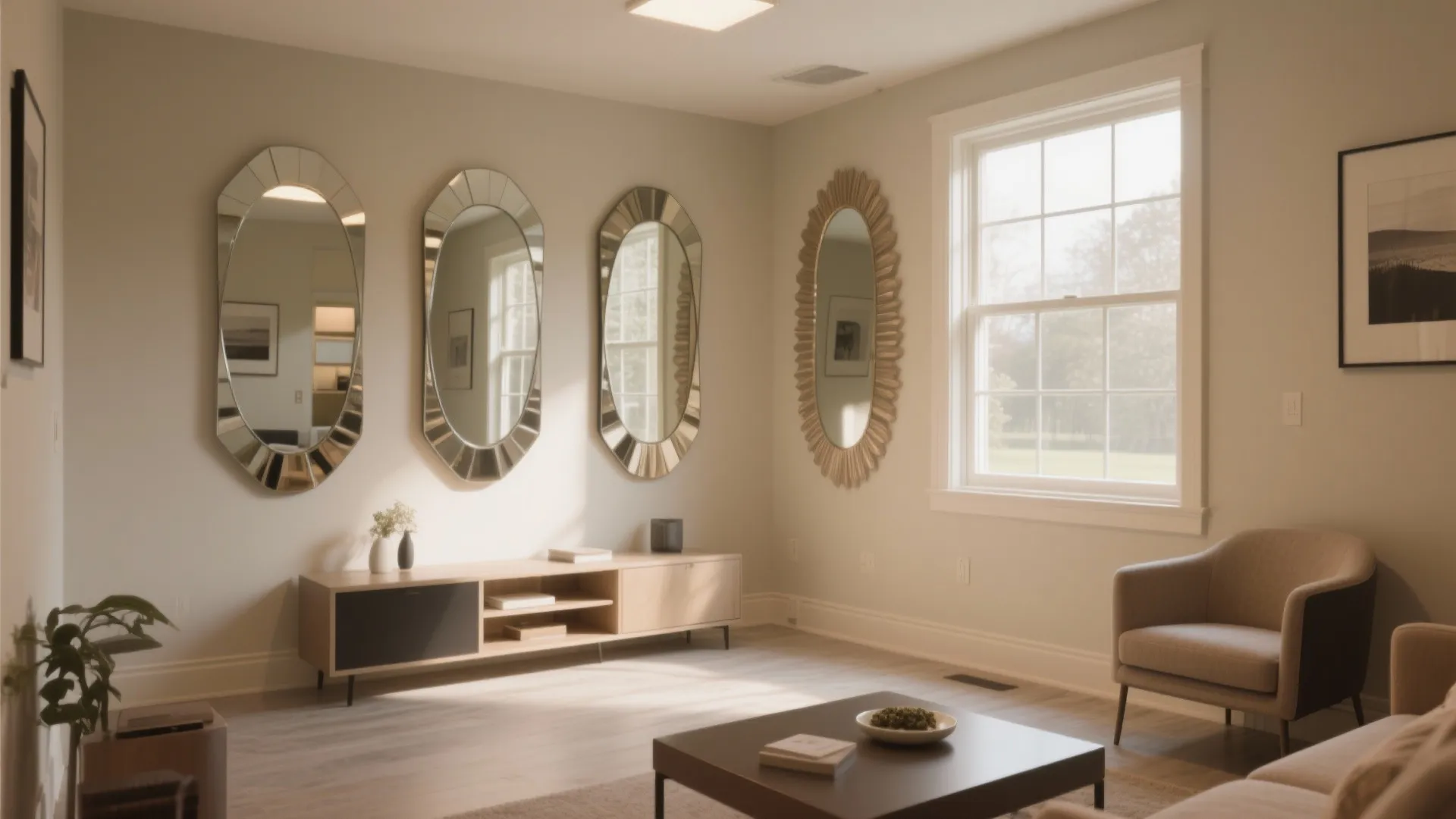 Living room wall decorated with four oval mirrors above a wooden cabinet and near windows