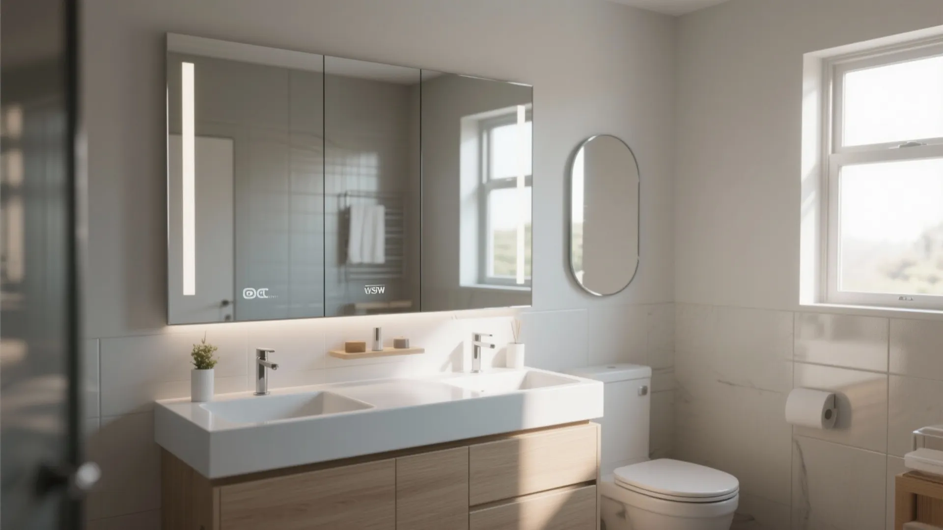Modern bathroom with double sink wood cabinet large lighted mirror white toilet and bright window