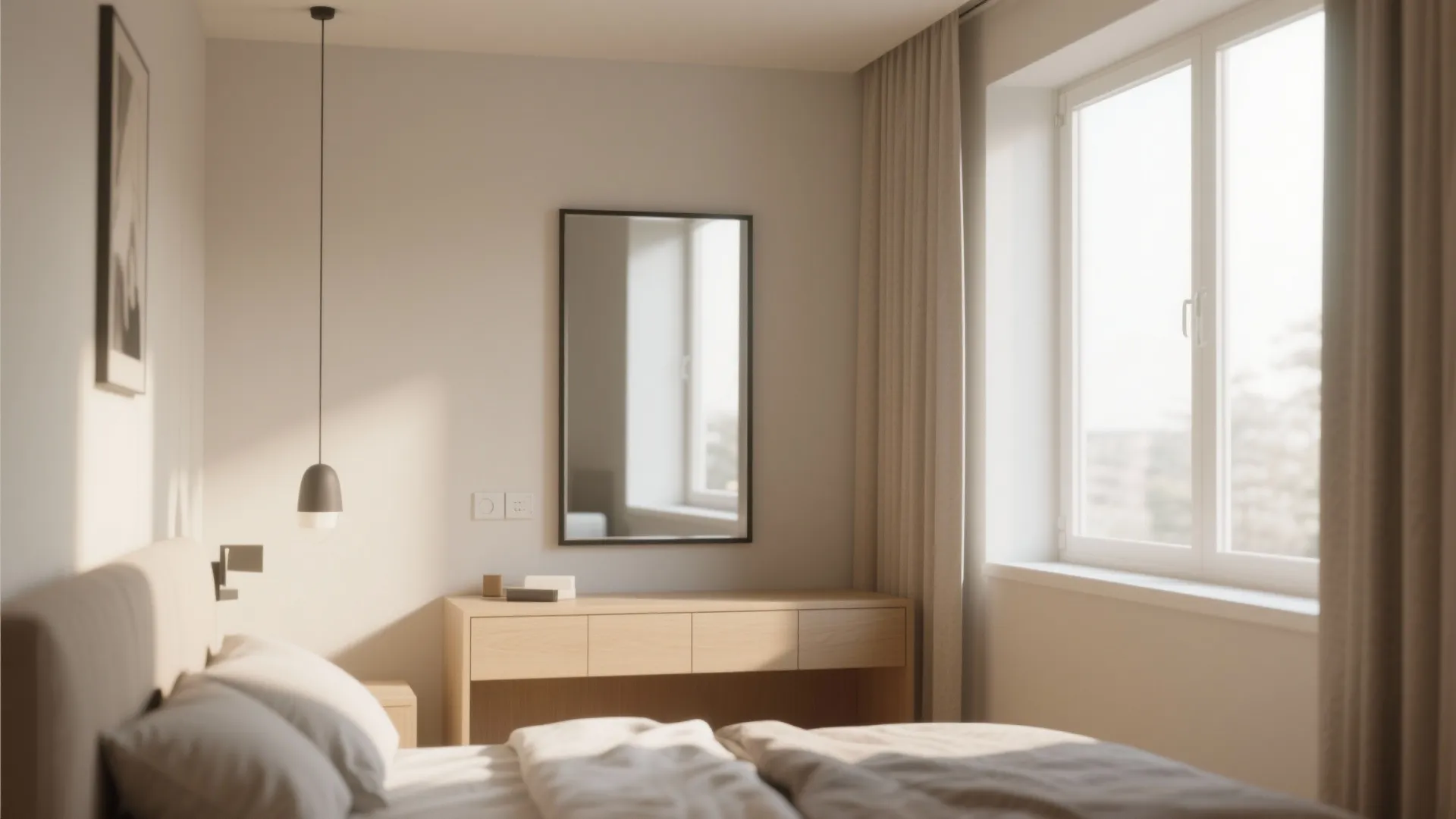 Modern bedroom featuring wooden desk with black frame mirror wall light and white window curtains design
