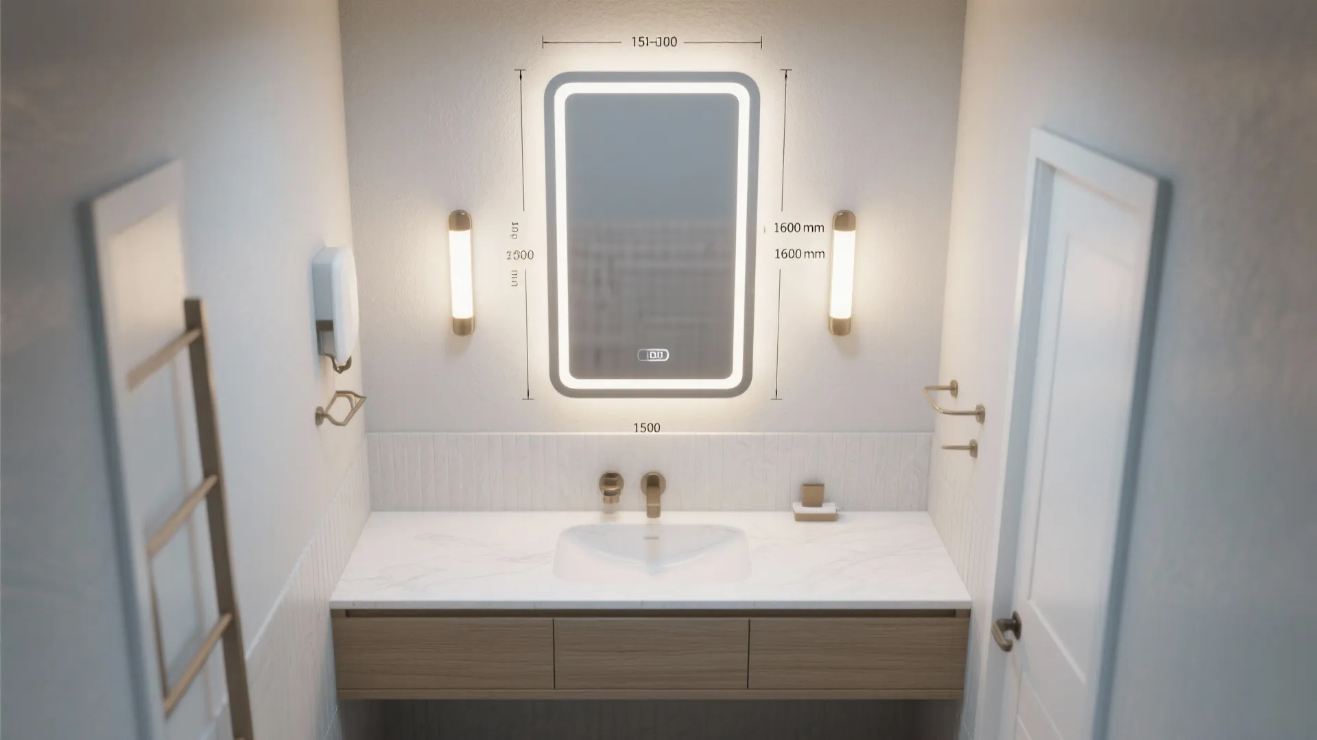 Modern bathroom vanity with lighted mirror showing measurement lines for proper wall light placement height