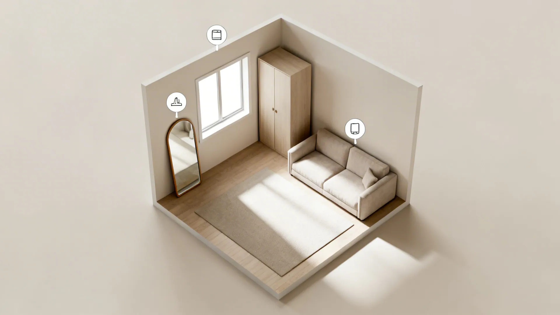 Top-down layout diagram showing recommended mirror placements in a small room to maximize light and perceived space