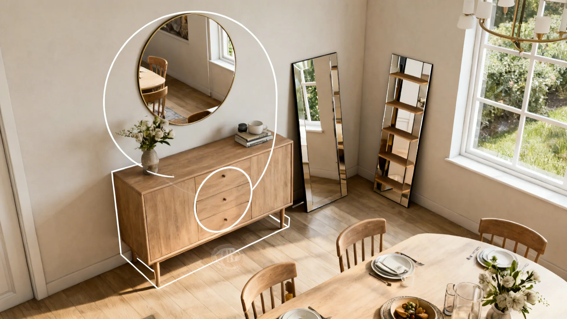 Top-down room planner view showing recommended mirror placements and scale guides in a small dining room