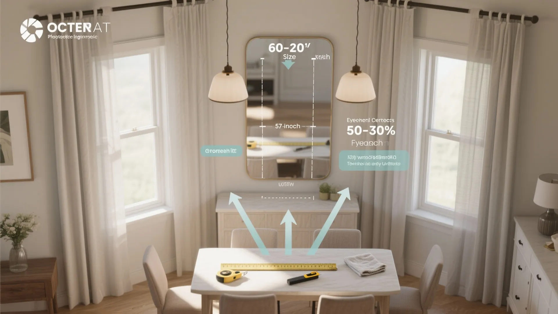 Top-down infographic showing mirror placement tips and size guidelines for dining rooms