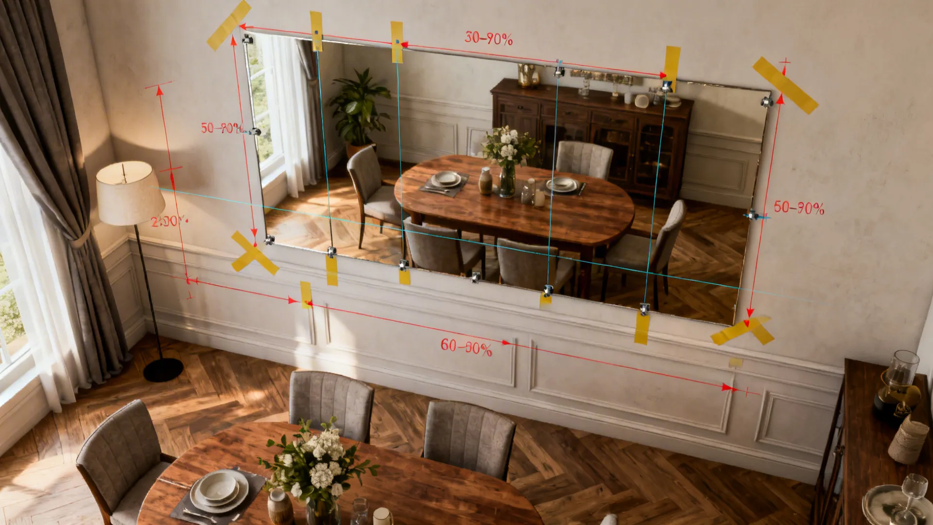 Dining room design showing a large wall mirror with red measurement lines and yellow tape markers