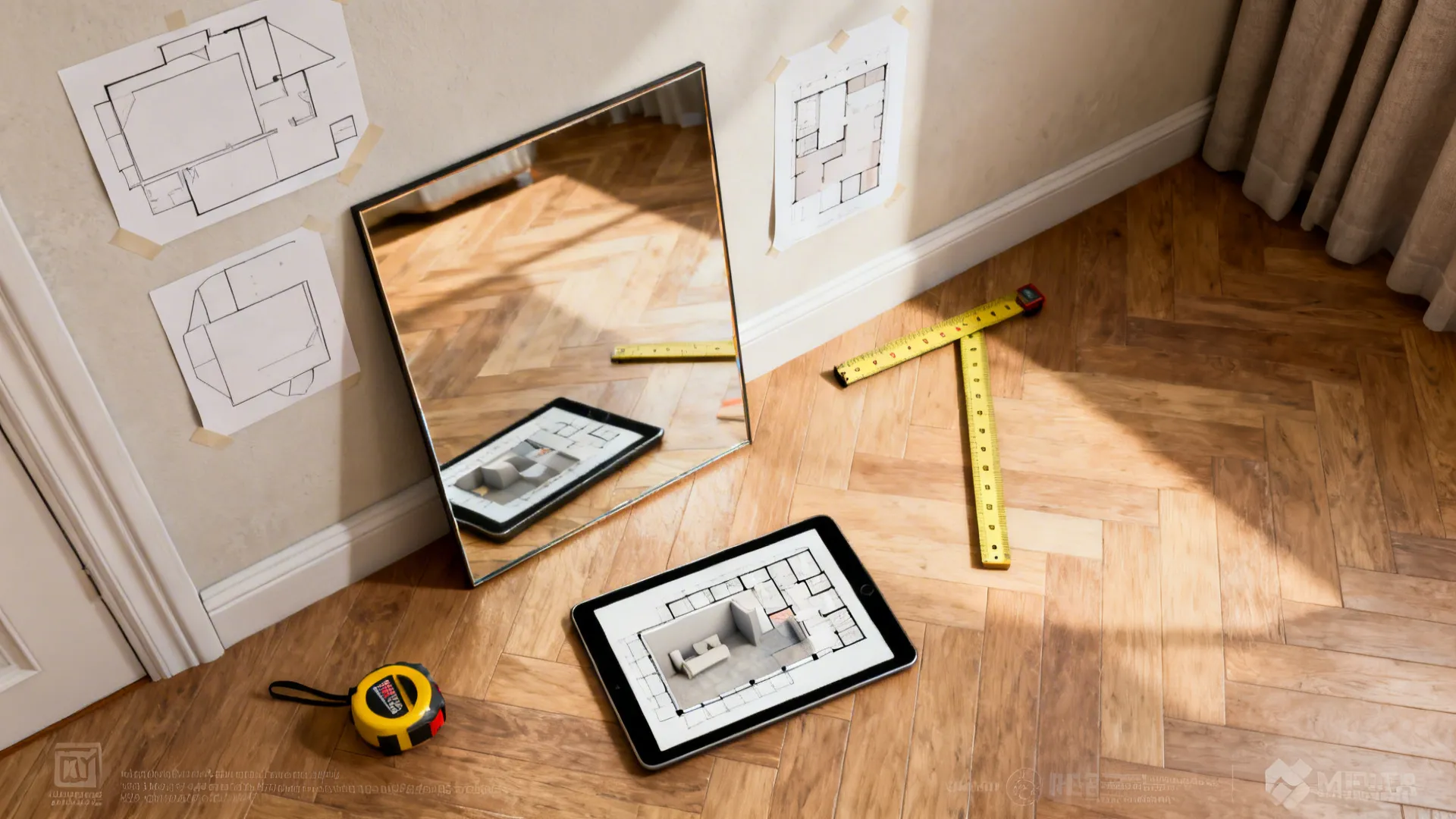 Top-down mockup with paper templates, tape measure, and tablet 3D floor plan for mirror placement