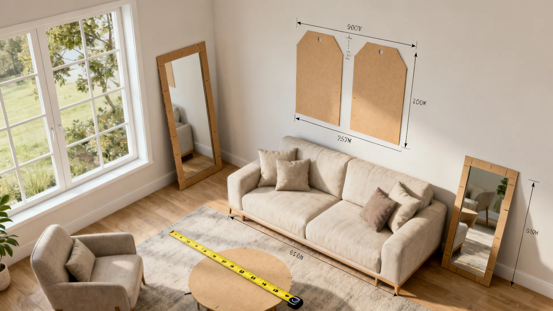 Top-down mockup of living room showing recommended mirror placements with kraft paper cutouts