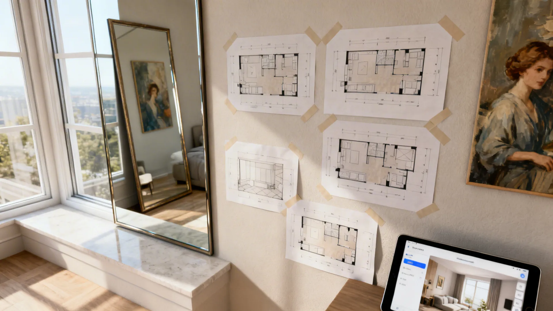 Top-down view of mirror placement templates and a room planner app illustrating mirror facing-window vs facing-art.