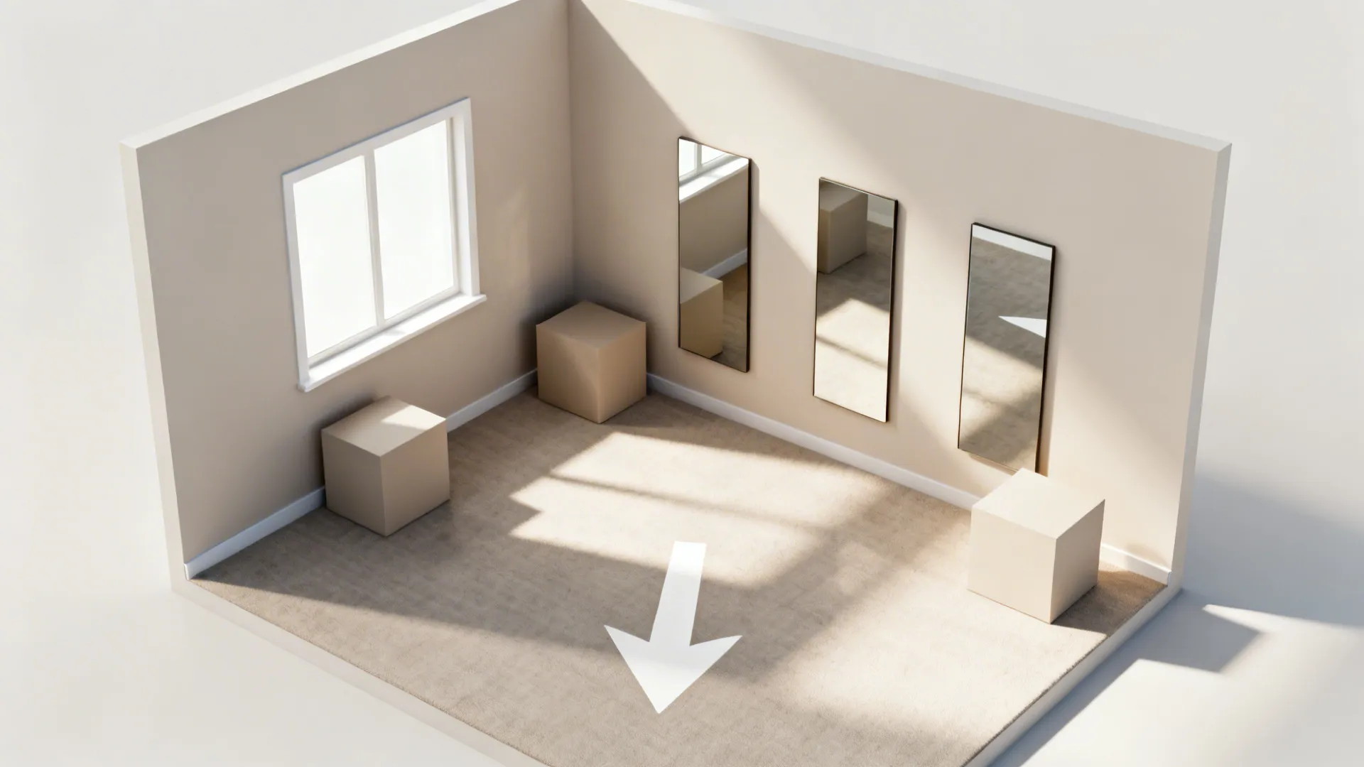 Top-down layout showing mirrors placed opposite a window to reflect light.