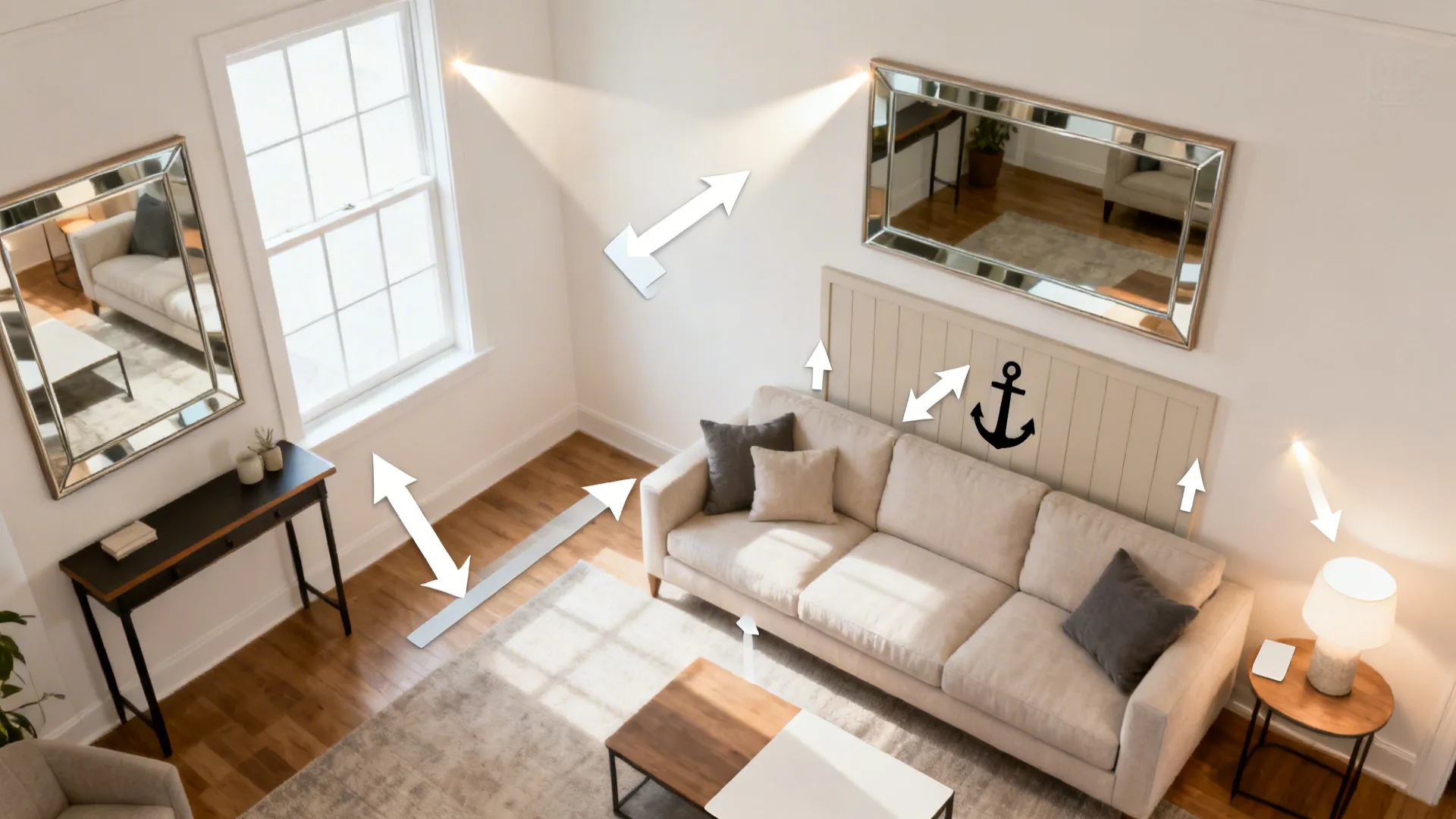 Top-down scene shows mirror positions opposite windows, diagonal placements, and safe heights in a compact living room.