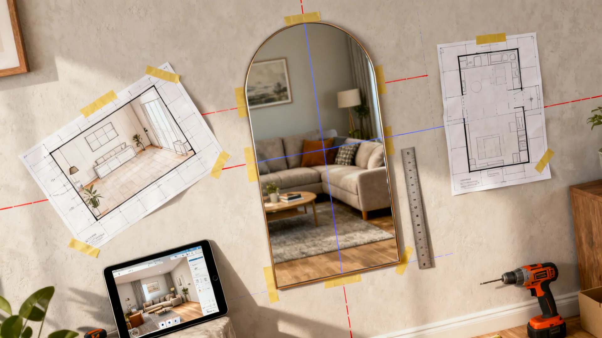 Top-down mockup of planning mirror placement with paper templates, tape, and a tablet room planner.