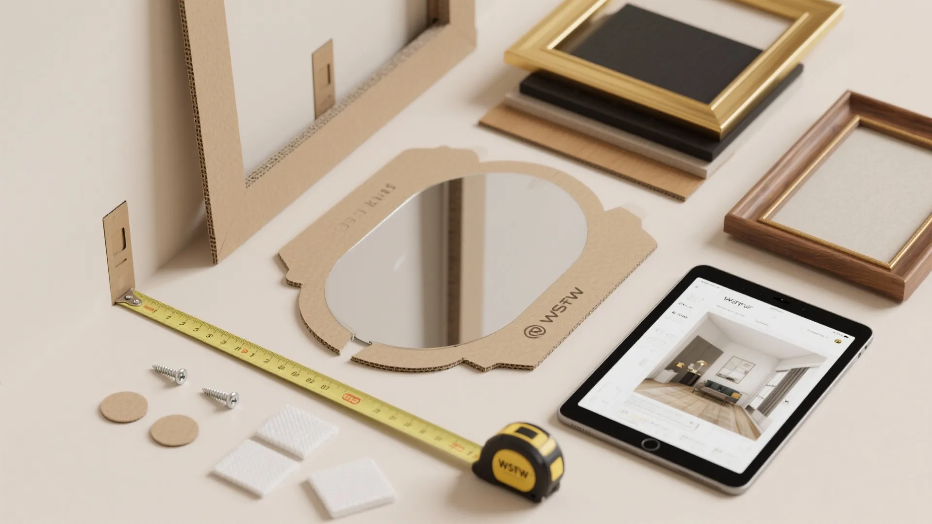 Flatlay of mirror frames measuring tape screws and a tablet showing an interior design drawing