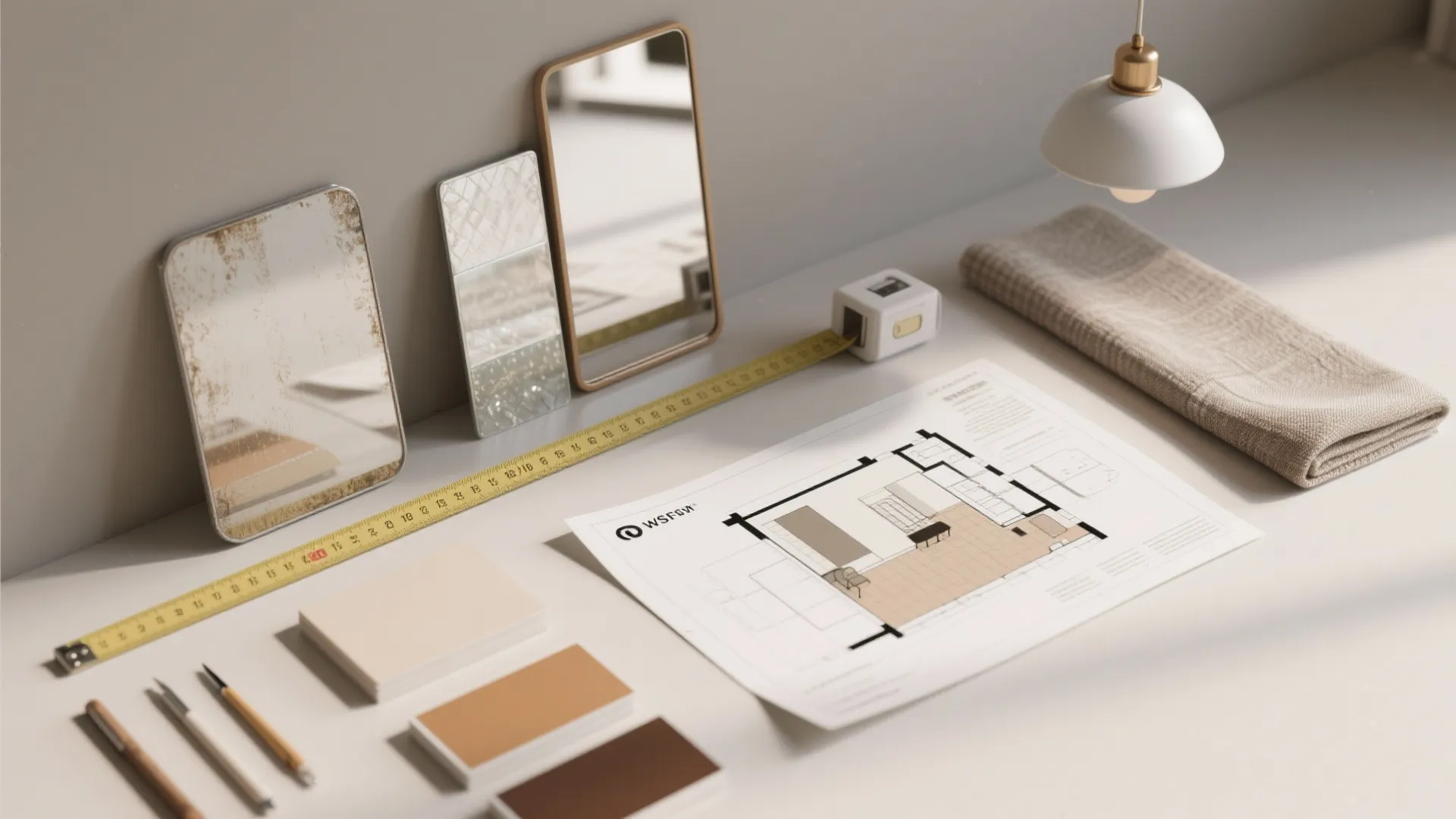 Flatlay of mirror finish swatches, a 3D floor planner mockup, tape measure and fabric swatches for planning mirror layouts.