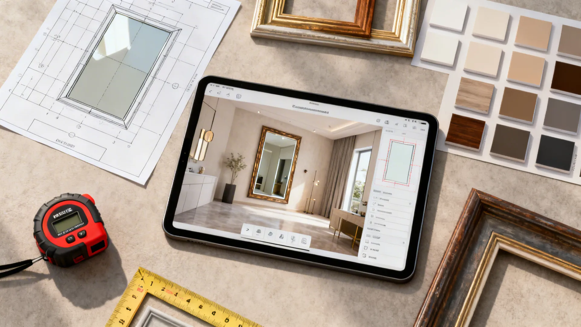 Top-down flatlay of mirror planning tools, paper templates, and frame swatches for layout planning