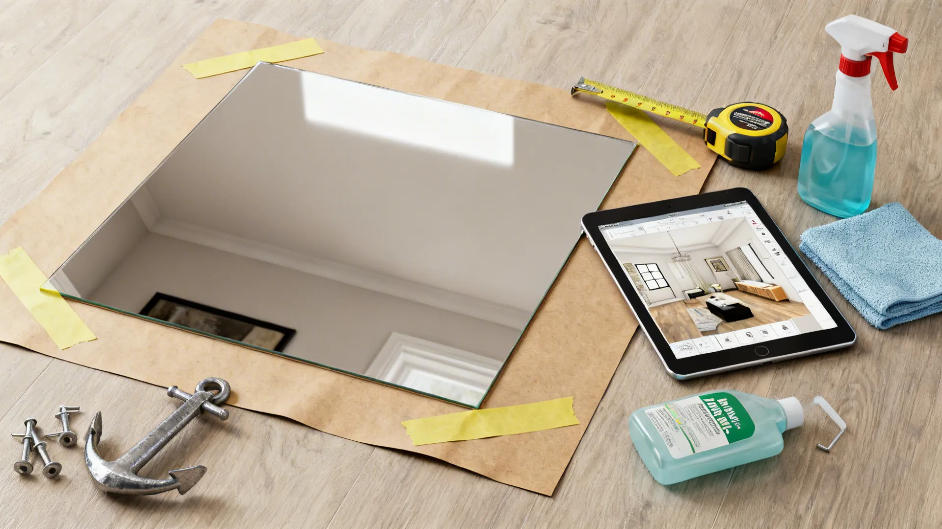 Flatlay showing painter's tape outline, measuring tools, tablet with 3D planner and mirror hardware