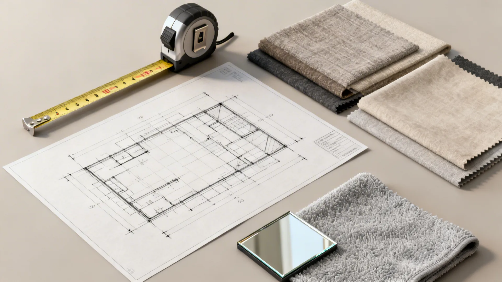 Flatlay of tools and material swatches for planning mirror placement in a small room