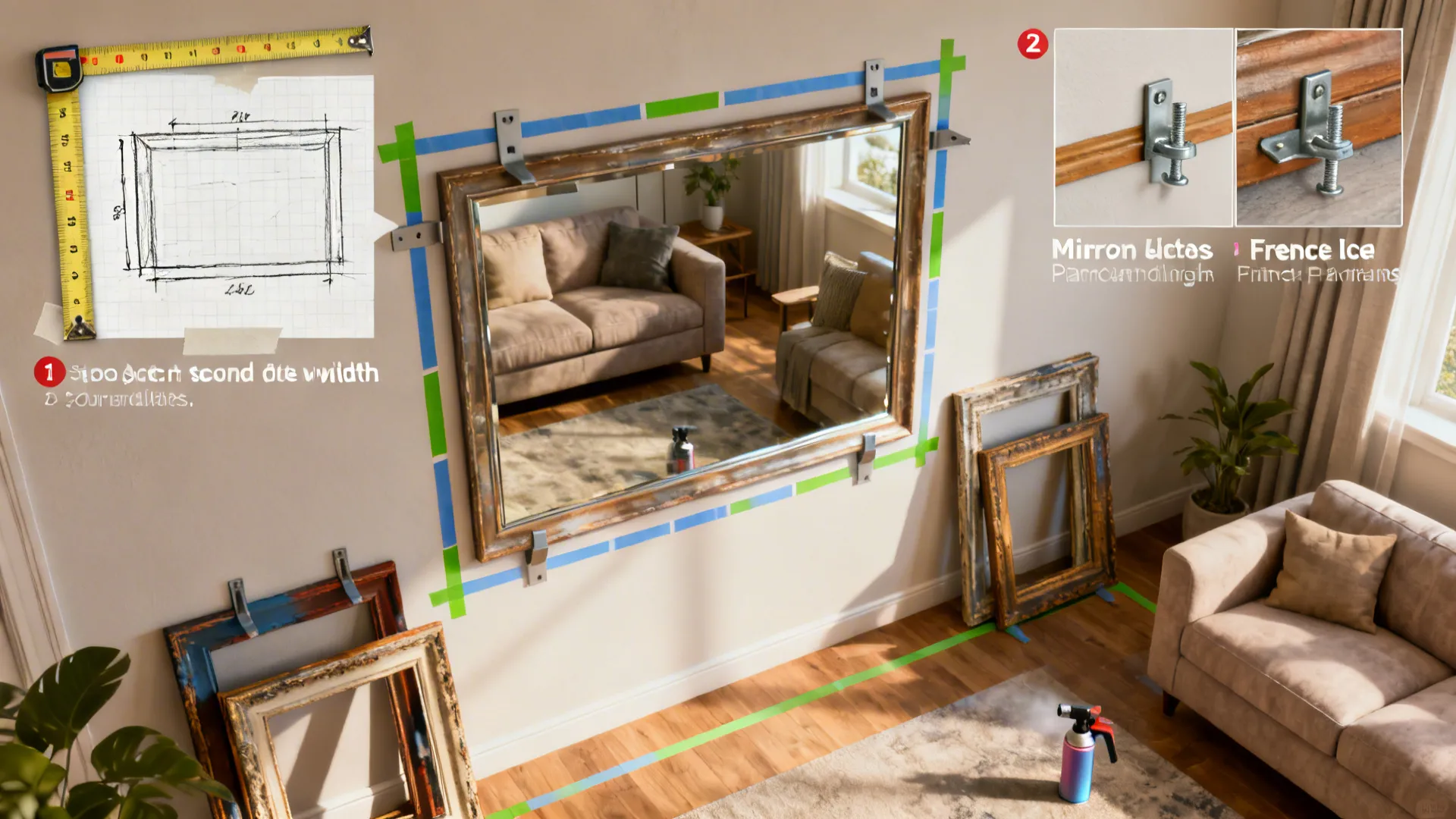 Planning layout for mirror placement with taped outlines, measuring tools and mounting hardware