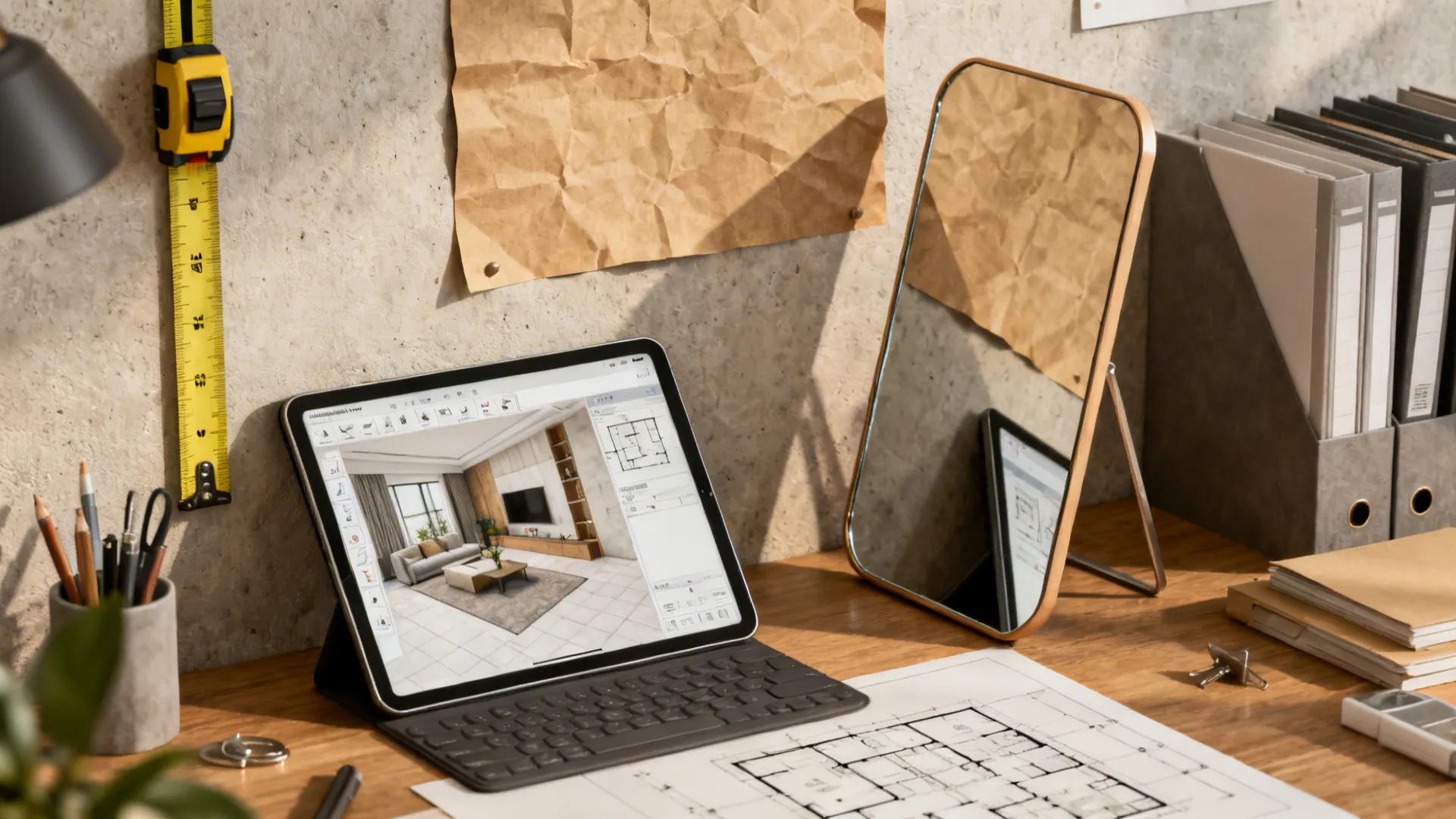 Top-down view of kraft paper mock-up, measuring tape and a tablet with a 3D room planner for mirror placement.