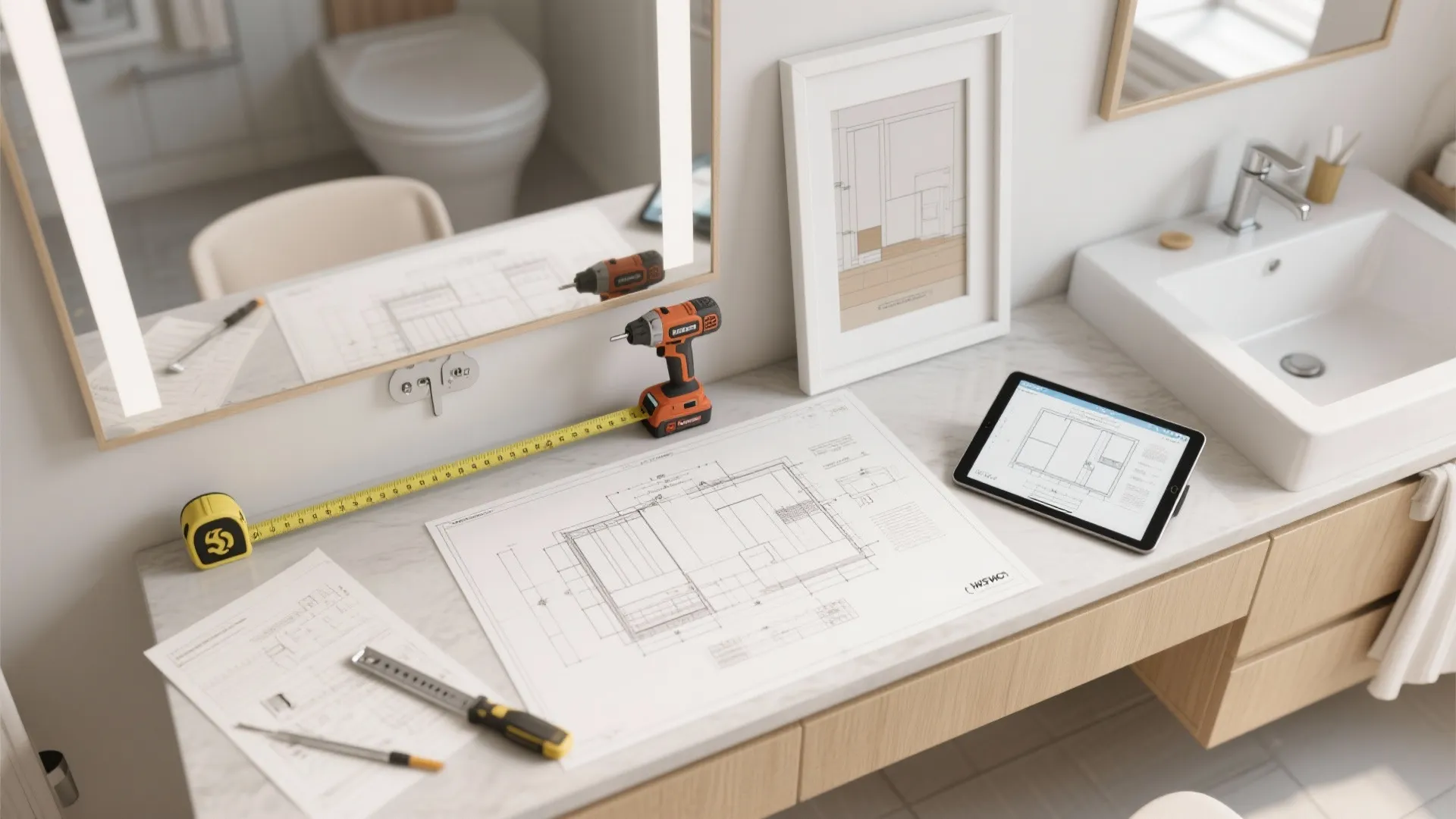 Top-down planning layout with measuring tools and a digital mockup for mounting a white-framed mirror.
