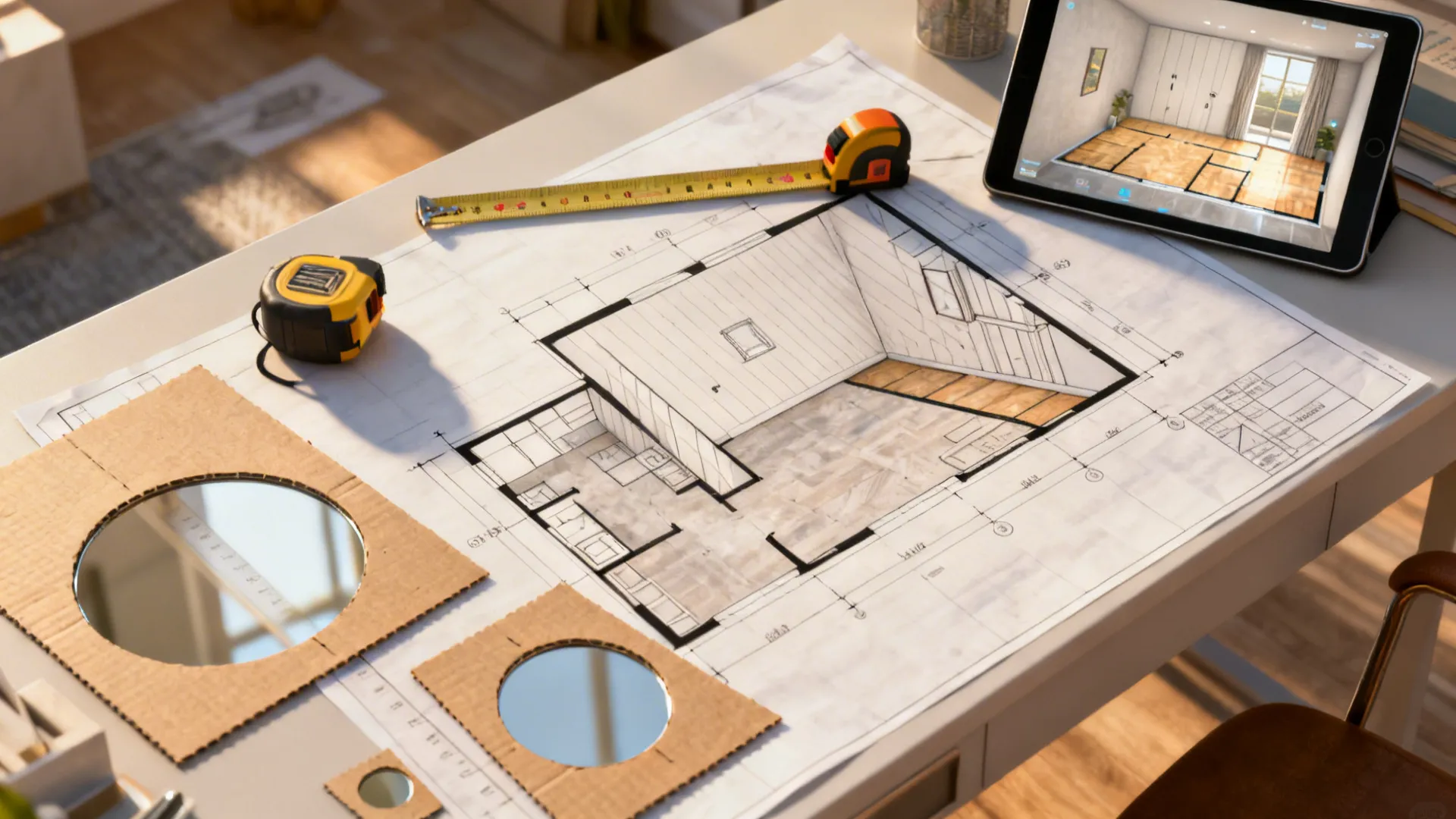 Desk with floor plan drawing tape measures round mirrors and tablet showing 3D room layout