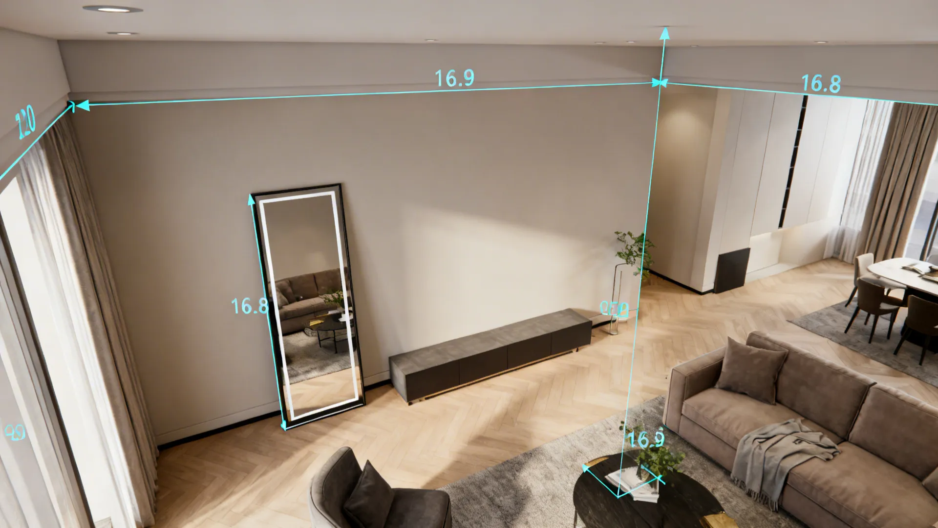 Top-down 3D planning view showing mirror placements, ceiling height and sightline guides for a living room.