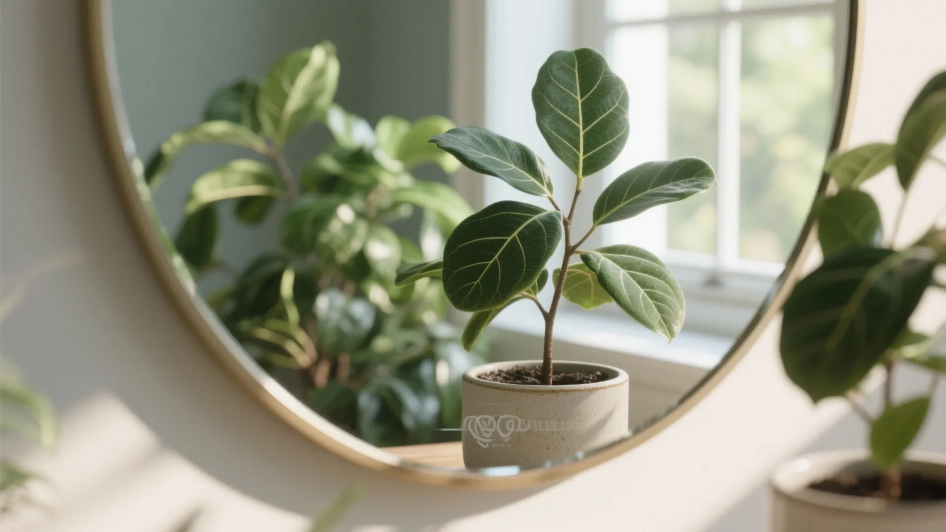 Small green plant in a white pot sitting in front of a round gold mirror