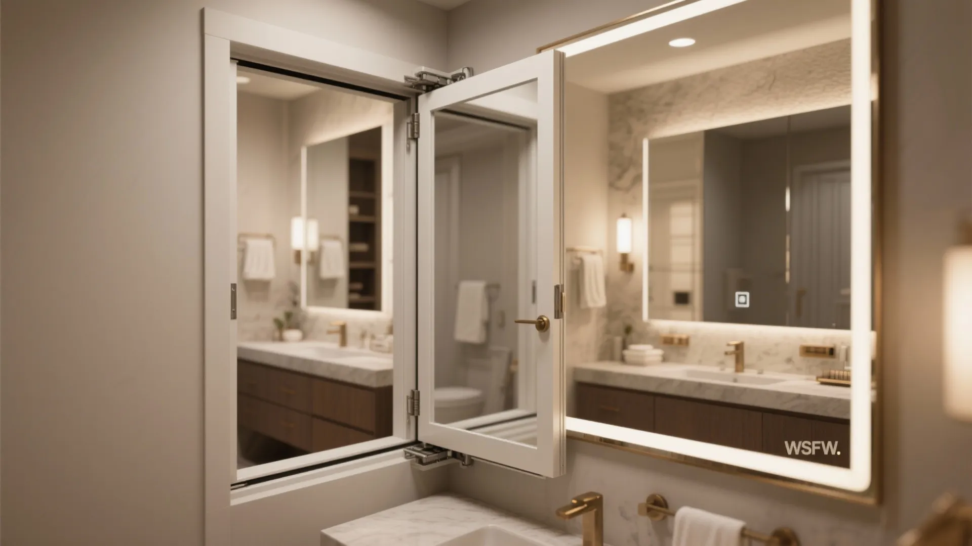 Close-up of a full-length mirror pocket door in an ensuite, showing reinforced frame and concealed rollers.